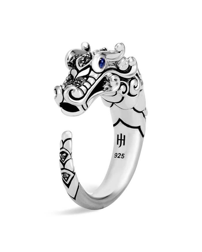 JOHN HARDY BRUSHED STERLING SILVER NAGA RING WITH BLACK SAPPHIRE, BLACK SPINEL AND BLUE SAPPHIRE EYES,RBS6501204BHBLSBNX6
