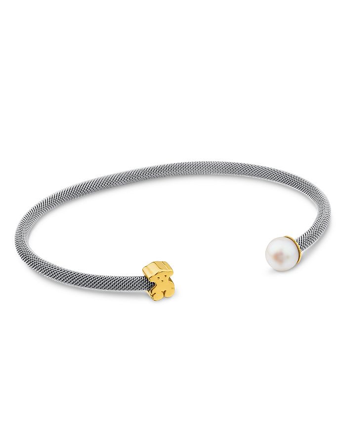 Tous Cultured Freshwater Pearl & Bear Open Mesh Cuff In Silver And Gold