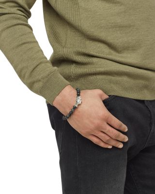 Men's Sterling Silver Legends Naga Black Volcanic Rock Beaded Bracelet with Sapphire Eyes