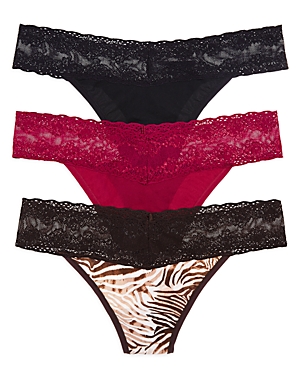 Natori Bliss Perfection Thongs, Set Of 3 In Zebra Print/black/wine