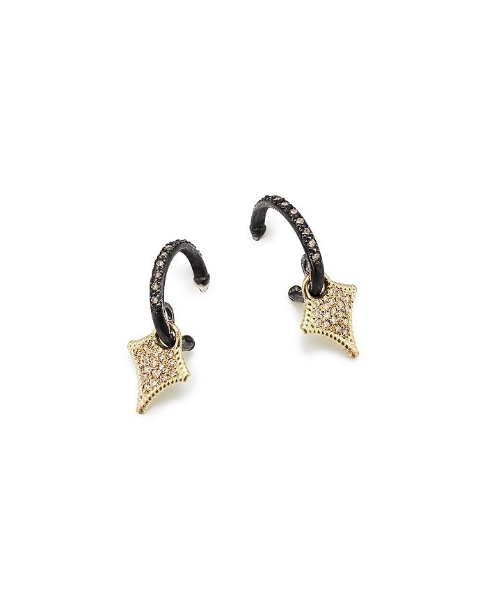ARMENTA 18K YELLOW GOLD & BLACKENED STERLING SILVER OLD WORLD CRAVELLI CHAMPAGNE DIAMOND DROP HUGGIE EARRING,13426