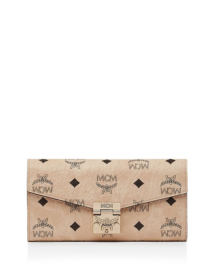 Mcm Large Patricia Visetos Canvas Wallet On A Chain In Beige/gold