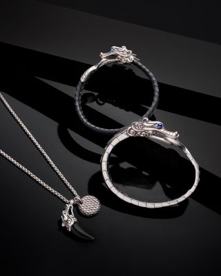 Men's Sterling Silver Legends Naga Bracelet with Braided Black Leather and Sapphire Eyes