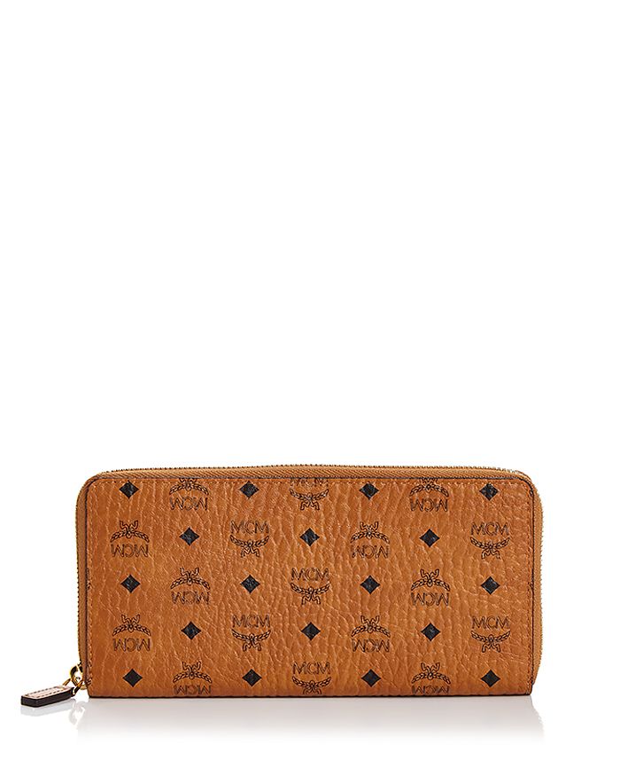 Shop Mcm Zip Around Large Leather And Canvas Wallet In Cognac