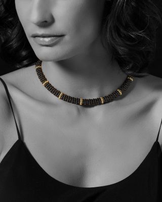 Gold & Black Caviar Collection 18K Gold & Ceramic Twelve Station Collar Necklace, 16"