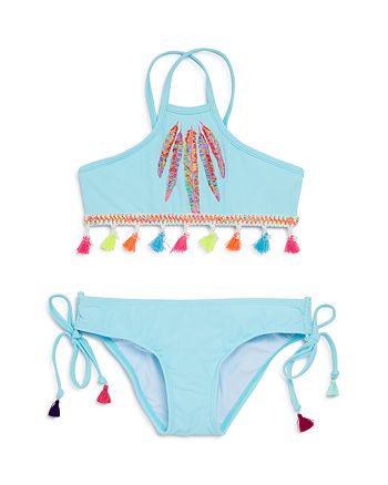 PilyQ Girls' Feather 2-Piece Swimsuit with Tassel Trim - Little Kid ...
