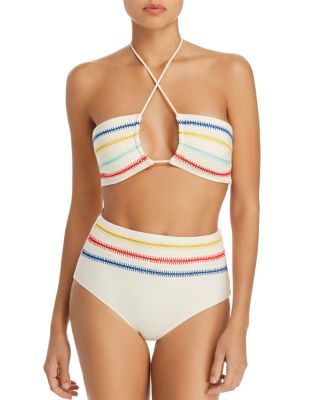 bandeau bikini top with high waisted bottoms