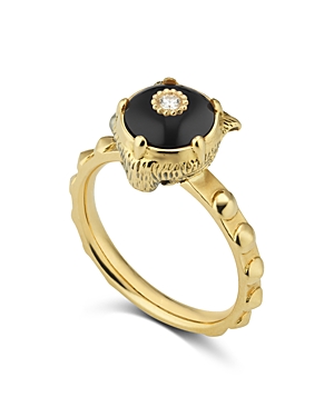 GUCCI 18K Yellow Gold Le Marché Des Merveilles Onyx & Diamond Feline Head Ring,YBC502868004014