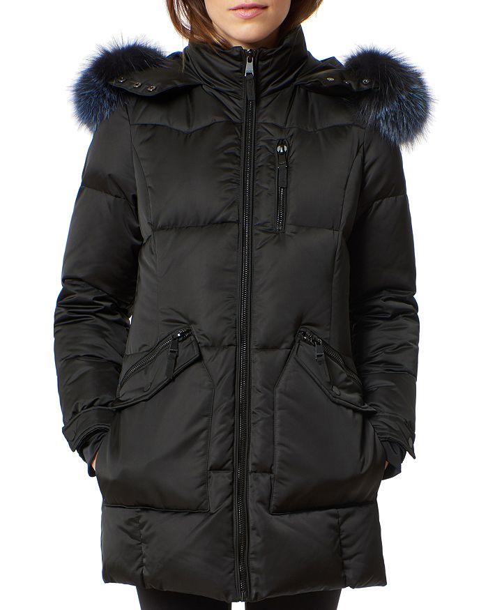 One Madison Fur Trim Puffer Coat In Black/indigo