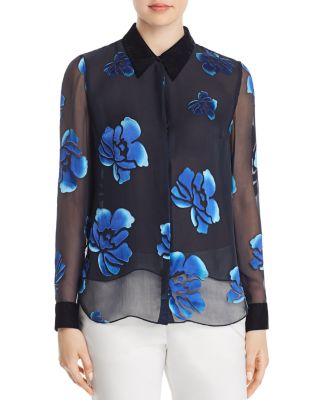 Blouse Tahari Imprimé Floral Vert - Taille M, Manches 3/4, Effet Sheer, Très Bon état