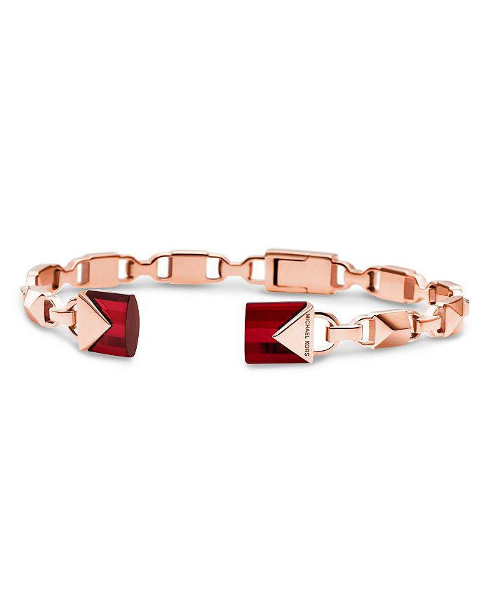 Michael Kors Mercer Link Semi-precious 14k Rose Gold-plated Sterling Silver Center Back Hinged Cuff In Rose Gold/ruby Color Quartz