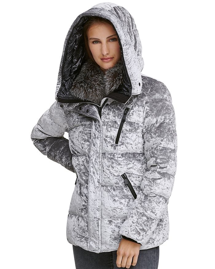 Andrew Marc Vara Crushed Velvet Down Jacket W Fur Hood In Silver