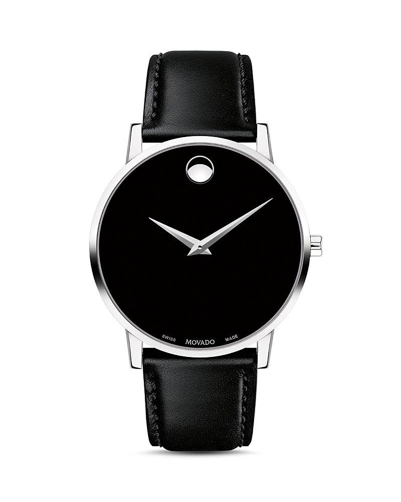 Movado Men's 40mm Ultra Slim Watch With Leather Strap Black Museum Dial In Black