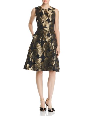 knee length dresses for ladies Teri Jon Metallic Jacquard Shirt Dress Gown - Emerald