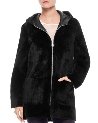 sandro shearling hooded coat