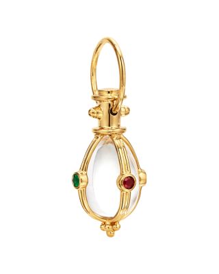 18K Yellow Gold Classic Blue Sapphire, Emerald, Ruby & Crystal Faceted Amulet Pendant and 18" 18K Gold Oval Chain