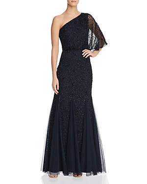 ADRIANNA PAPELL ONE-SHOULDER EMBELLISHED GOWN,AP1E205296