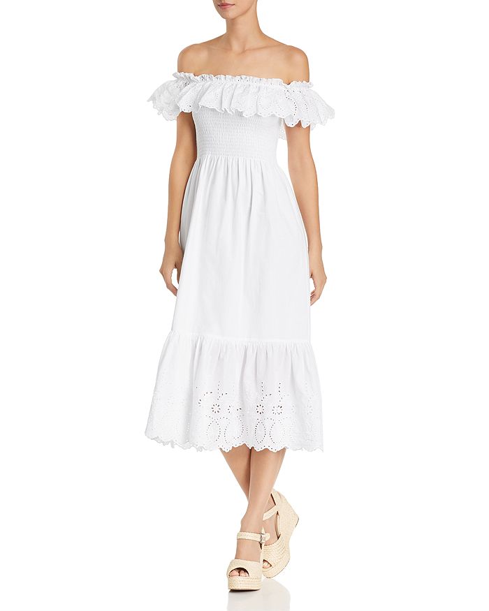 AQUA - Smocked Eyelet Off-the-Shoulder Midi Dress - 100% Exclusive
