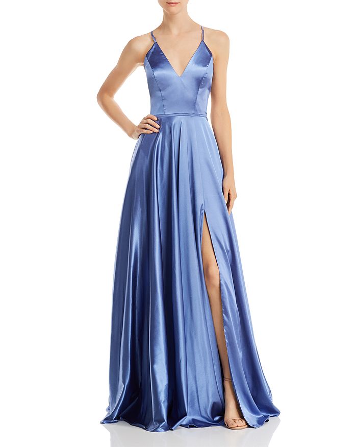 Faviana Couture Charmeuse Lace-up Gown In Steel Blue