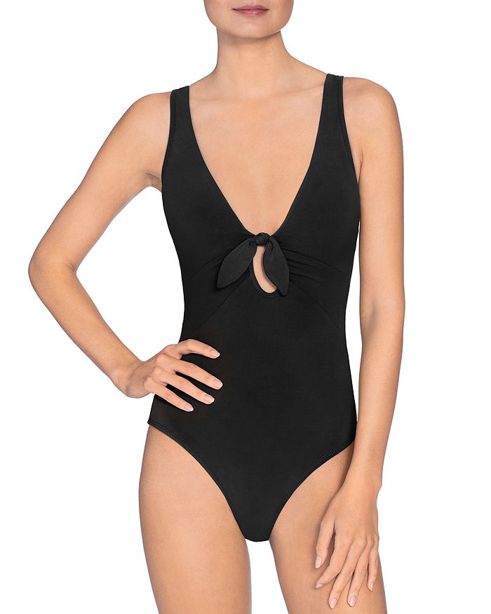 Shop Robin Piccone Ava Plunge Neck Tie-front One Piece Swimsuit In Black