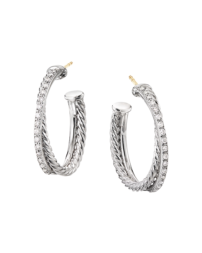 David Yurman Sterling Silver Crossover Medium Hoop Earrings with Diamonds