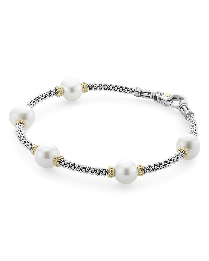 Shop Lagos Sterling Silver & 18k Yellow Gold Luna Cultured Freshwater Pearl Station Bracelet In White/mutli