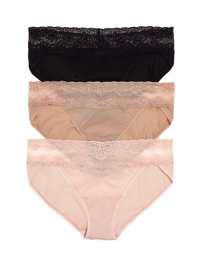 Shop Natori Bliss Perfection V-kinis, Set Of 3 In Cameo Rose/black/cashmere