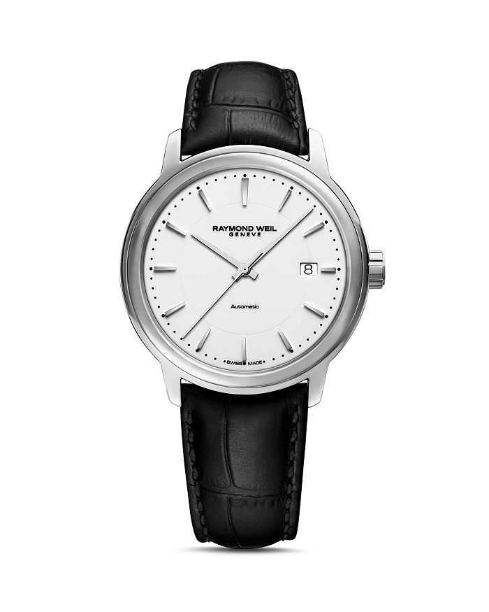 Shop Raymond Weil Maestro Black Leather Strap Automatic Watch, 39.5mm In White/black