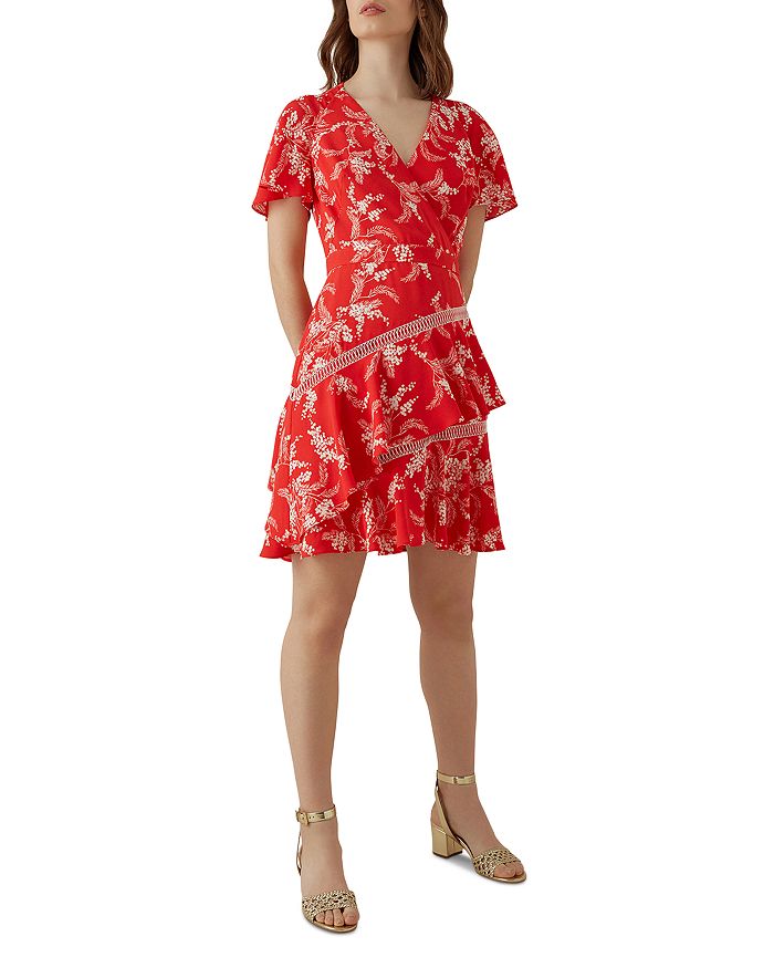 Karen Millen Ruffled Floral Fit and flare Dress In Red Multi