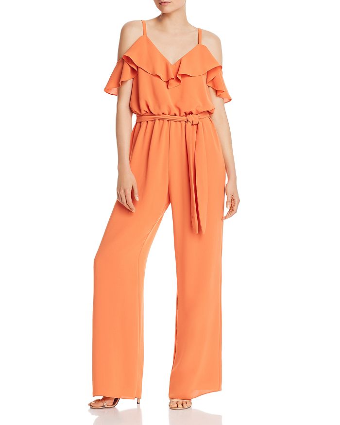 Adrianna Papell Cold-shoulder Crepe Jumpsuit In Clementine