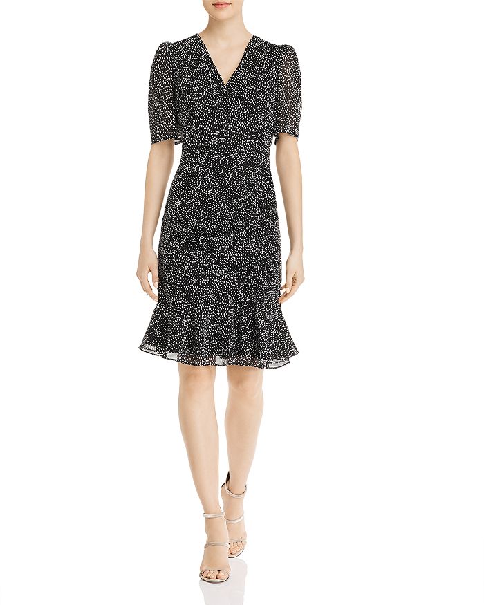 Adrianna Papell Darling Dot Shirred Mini Dress In Black/ivory