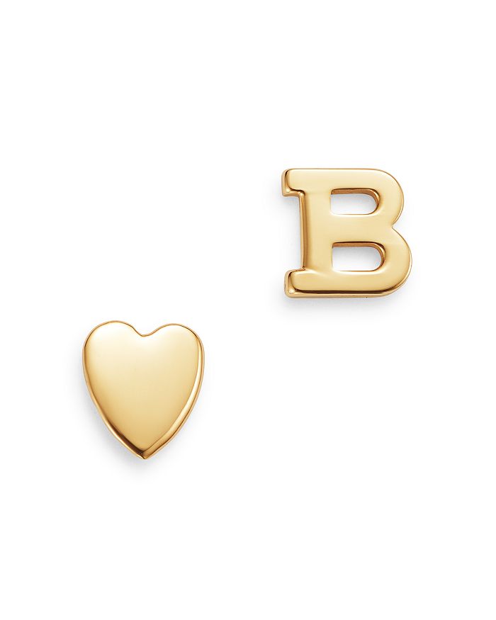 Zoe Lev 14k Yellow Gold Heart & Initial Stud Earrings In B/gold