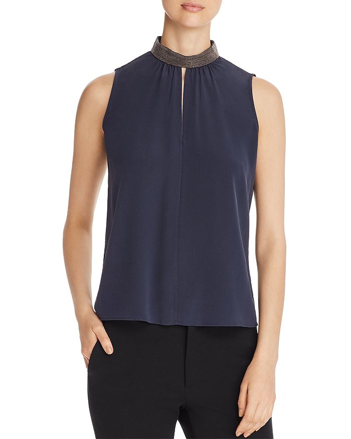 Go By Go Silk Embellished Mock Neck Shell In Midnight