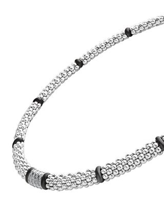 Sterling Silver Black Caviar Diamond & Ceramic Station Necklace, 16"