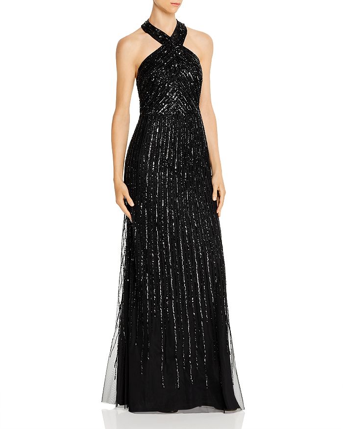 Adrianna Papell Halter Beaded Gown In Black | ModeSens
