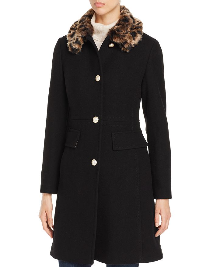 Kate Spade Leopard Faux Fur-collar Wool-blend A-line Coat In Black ...