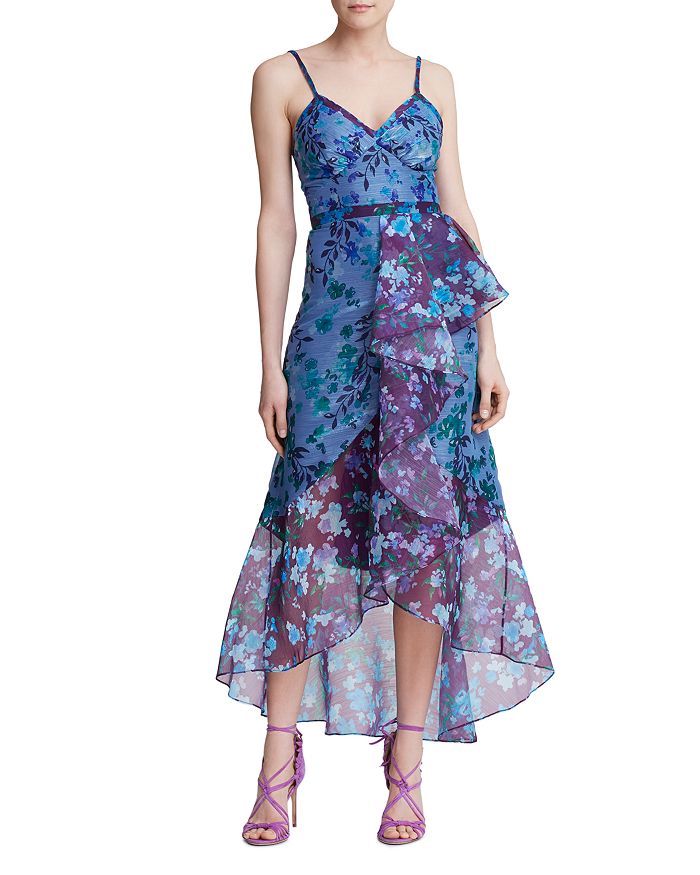 MARCHESA NOTTE RUFFLED COLOR-BLOCKED BOTANICAL PRINT GOWN,N31G0960