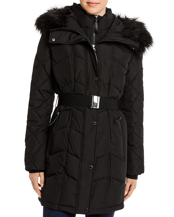 Calvin Klein Faux Fur Trim Belted Quilted Coat In Black