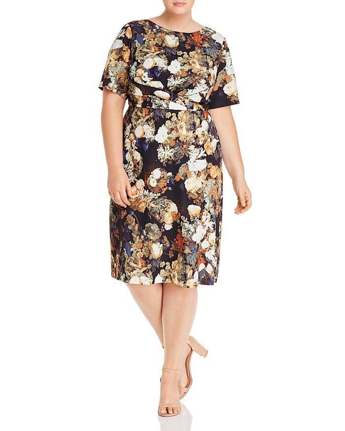 Adrianna Papell Plus Short-sleeve Floral Print Dress In Gold Multi
