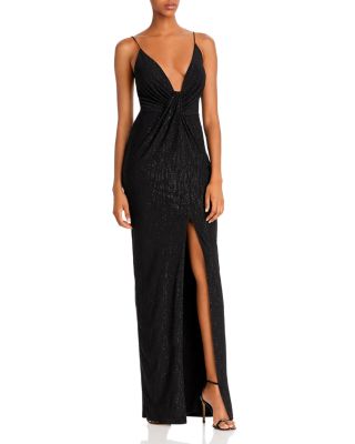 Aidan by Aidan Mattox Plunging Draped Metallic Jersey Gown