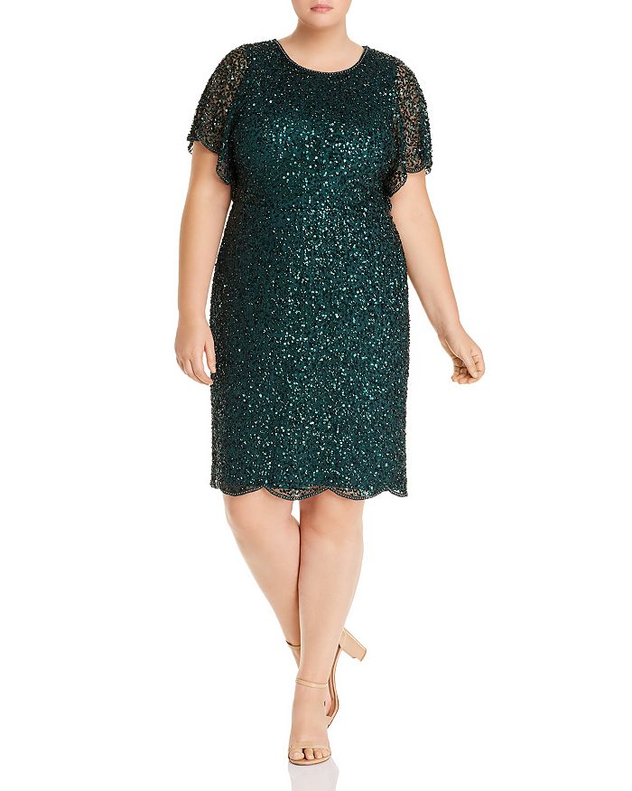 Adrianna Papell Plus Beaded Flutter Sleeve Dress In Dusty Emerald