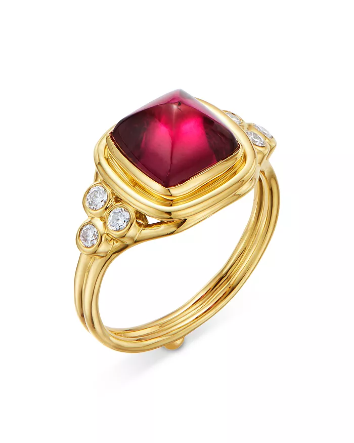 18K Yellow Gold High Classic Sugar Loaf Ring with Rubelite & Diamonds
