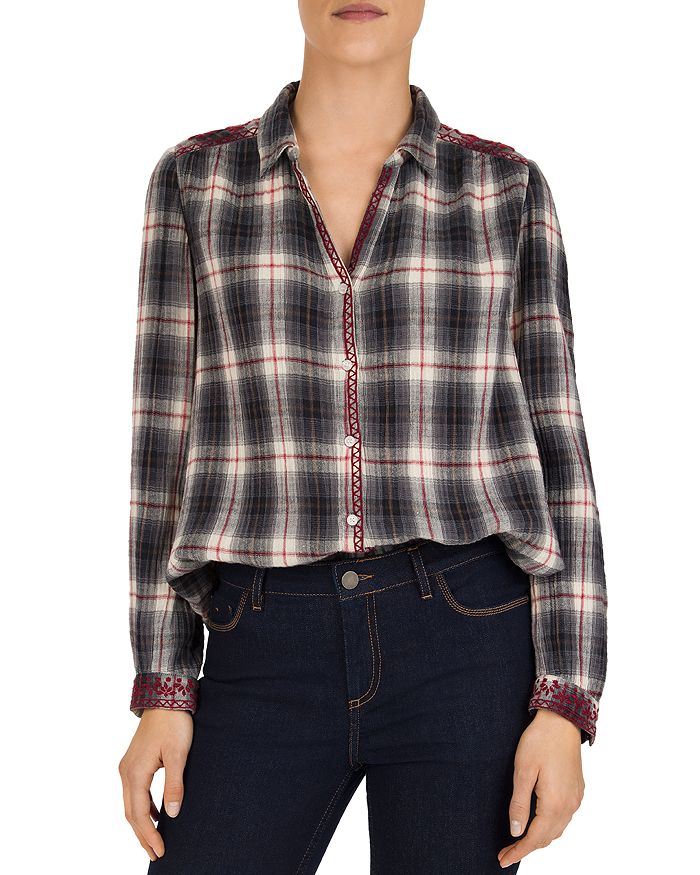 Gerard Darel Moon Embroidered Plaid Cotton Shirt In Blue