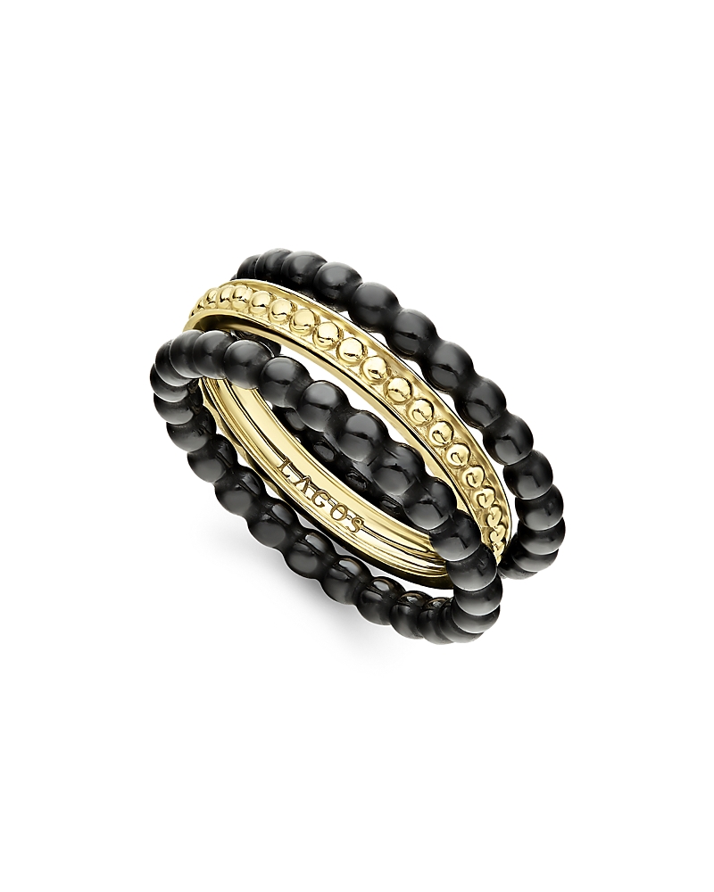 Lagos Meridian 18k Yellow Gold Caviar Gold Black Ceramic Stacking Rings, Set Of 3 In Black/gold