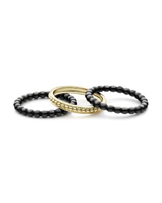 Meridian 18K Yellow Gold Caviar Gold Black Ceramic Stacking Rings, Set of 3