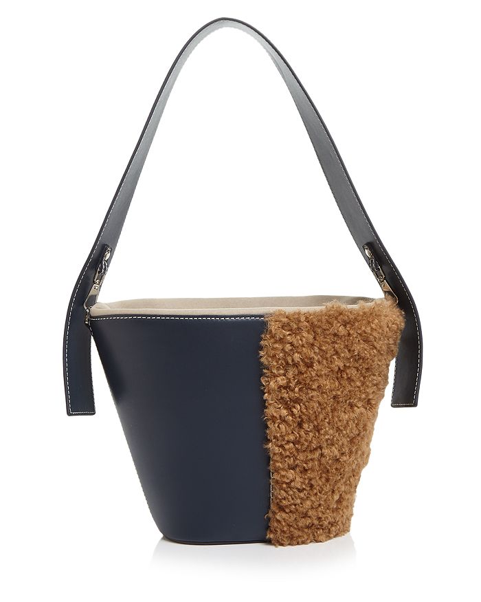 Vasic Esta Small Leather & Faux Fur Bucket Shoulder Bag In Navy