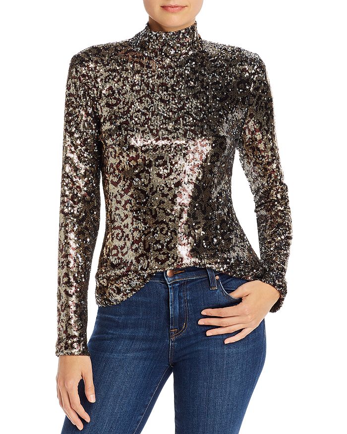 MILLY SEQUINED LEOPARD PATTERN MOCK NECK TOP,040660-Y9