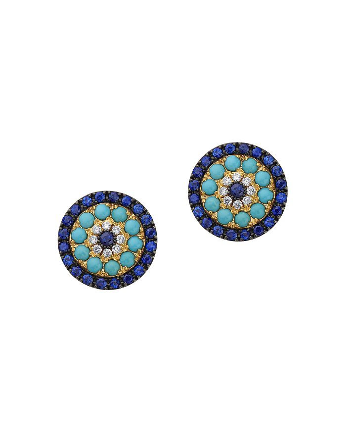 Bloomingdale's Diamond, Blue Sapphire & Turquoise Stud Earrings In 14k Yellow Gold - 100% Exclusive In Blue/gold