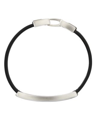 Men's Sterling Silver Deco Black Leather ID Bracelet