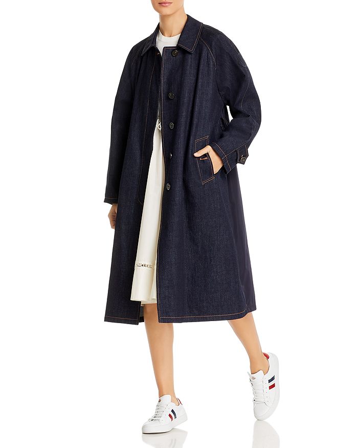 Moncler Pistache Denim Trench Coat In Blue Denim